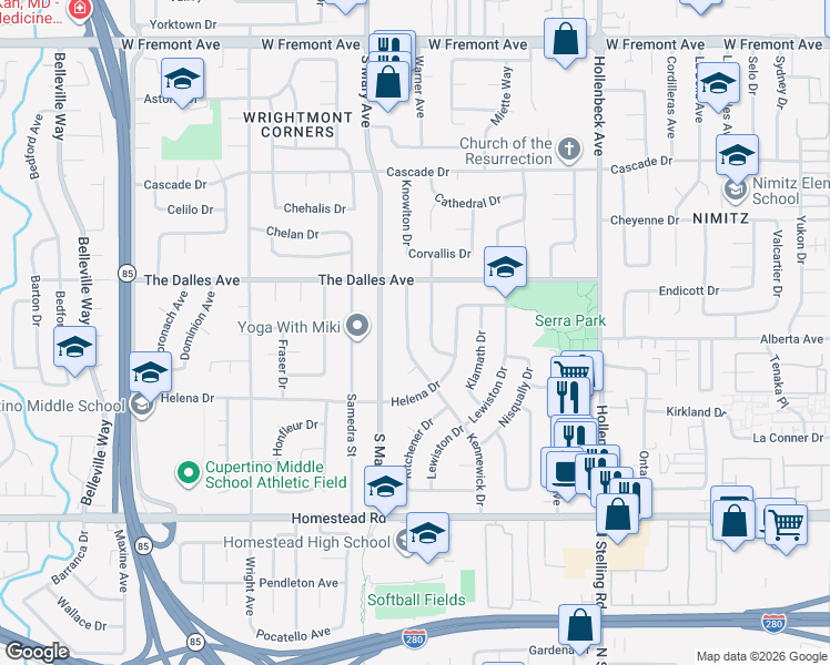 map of restaurants, bars, coffee shops, grocery stores, and more near 1567 Kennewick Drive in Sunnyvale