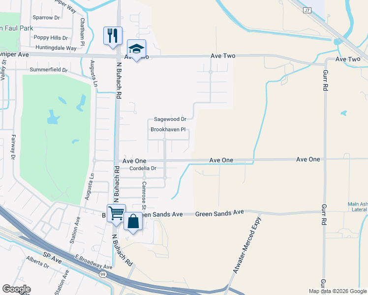 map of restaurants, bars, coffee shops, grocery stores, and more near 1483 Fieldcrest Court in Atwater