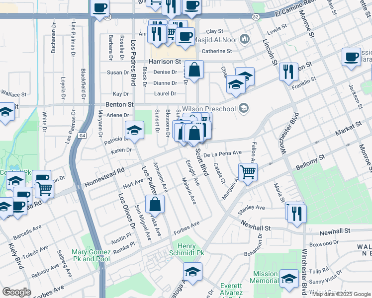 map of restaurants, bars, coffee shops, grocery stores, and more near 2070 Homestead Road in Santa Clara