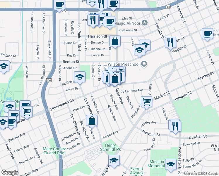 map of restaurants, bars, coffee shops, grocery stores, and more near 2070 Homestead Road in Santa Clara