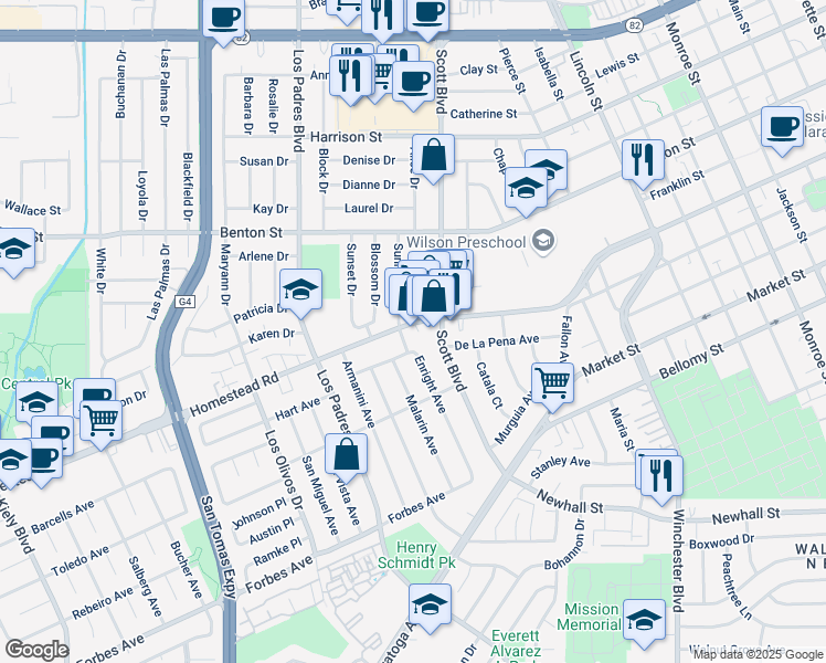 map of restaurants, bars, coffee shops, grocery stores, and more near 764 Enright Avenue in Santa Clara