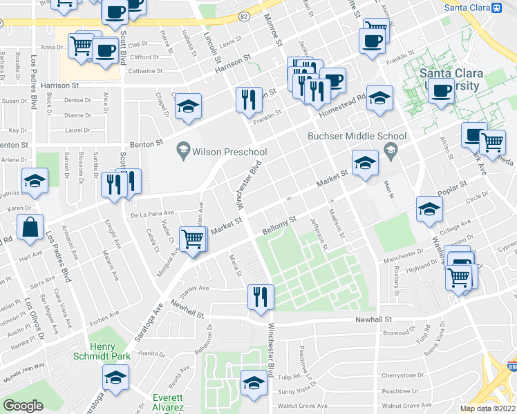 map of restaurants, bars, coffee shops, grocery stores, and more near 1701 Market Street in Santa Clara