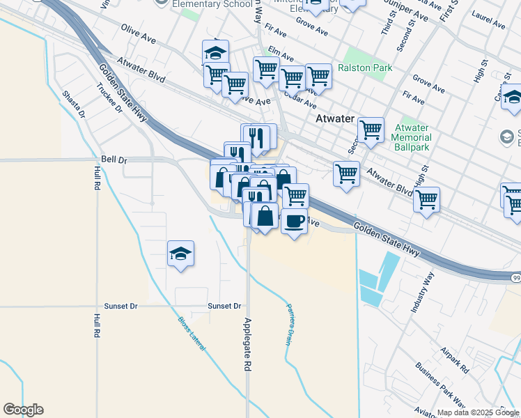 map of restaurants, bars, coffee shops, grocery stores, and more near 1337 Applegate Road in Atwater