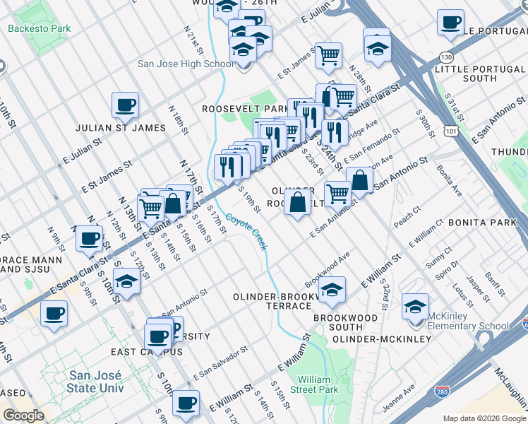 map of restaurants, bars, coffee shops, grocery stores, and more near 49 South 20th Street in San Jose