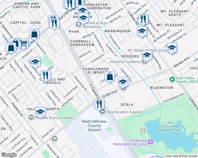 map of restaurants, bars, coffee shops, grocery stores, and more near 2769 Twin Oaks Lane in San Jose