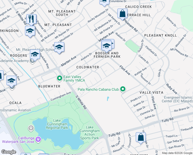 map of restaurants, bars, coffee shops, grocery stores, and more near 2030 Hayworth Drive in San Jose