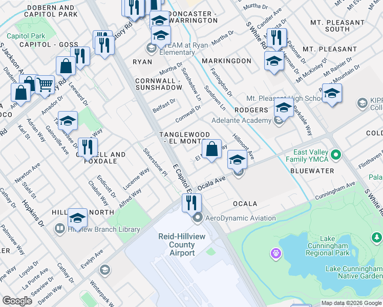 map of restaurants, bars, coffee shops, grocery stores, and more near 2769 Twin Oaks Lane in San Jose