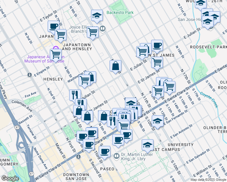 map of restaurants, bars, coffee shops, grocery stores, and more near in San Jose