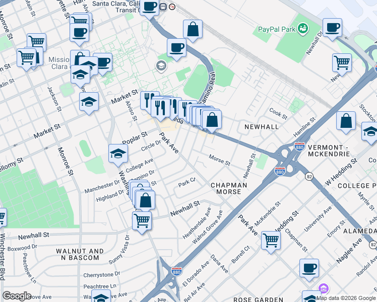map of restaurants, bars, coffee shops, grocery stores, and more near 581 Camino Drive in Santa Clara