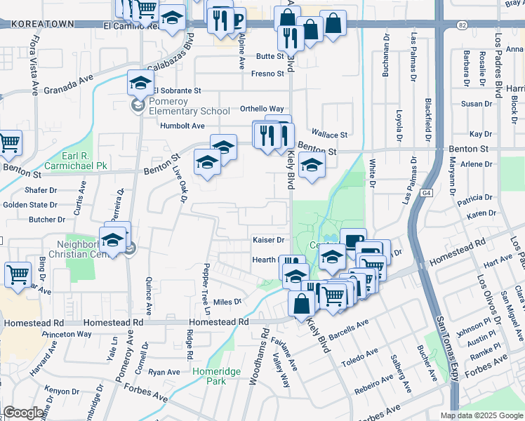 map of restaurants, bars, coffee shops, grocery stores, and more near 982 Kiely Boulevard in Santa Clara