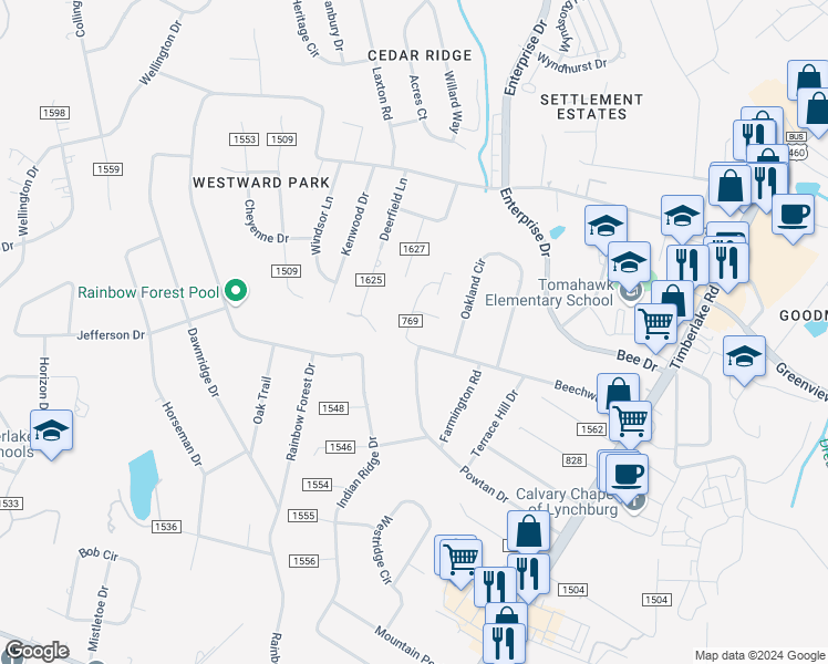 map of restaurants, bars, coffee shops, grocery stores, and more near 567 Beechwood Drive in Lynchburg