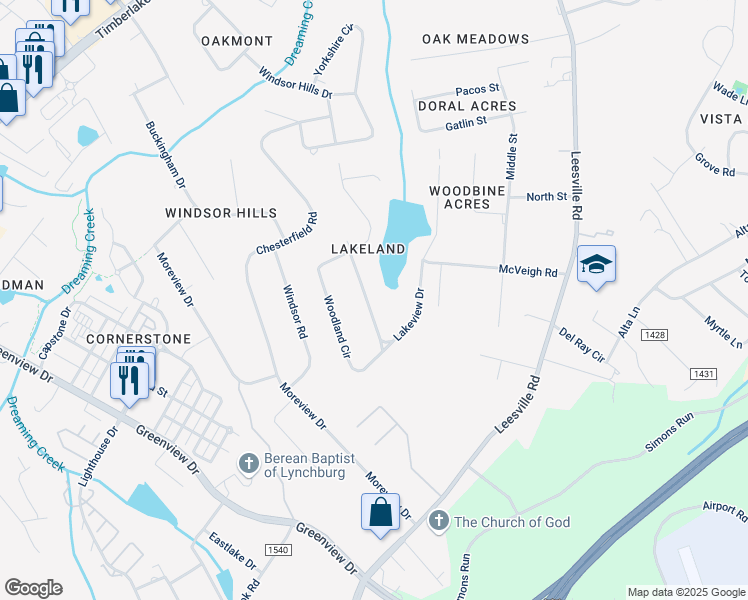 map of restaurants, bars, coffee shops, grocery stores, and more near 1201 Lakeview Drive in Lynchburg