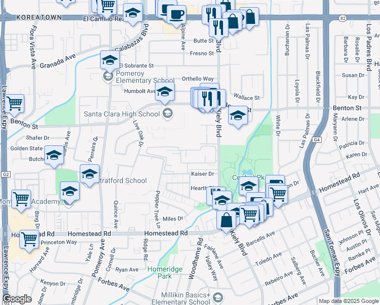 map of restaurants, bars, coffee shops, grocery stores, and more near 980 Kiely Boulevard in Santa Clara