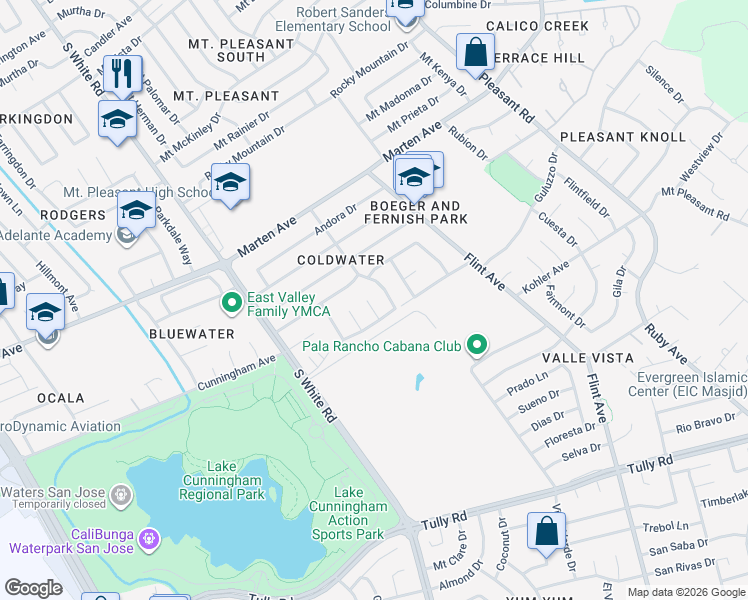 map of restaurants, bars, coffee shops, grocery stores, and more near 2030 Flintbury Court in San Jose