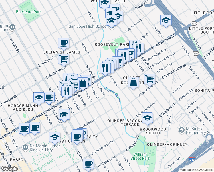 map of restaurants, bars, coffee shops, grocery stores, and more near 850 Calhoun Street in San Jose