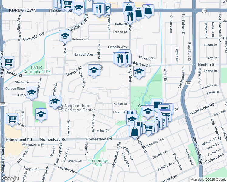 map of restaurants, bars, coffee shops, grocery stores, and more near 980 Kiely Boulevard in Santa Clara