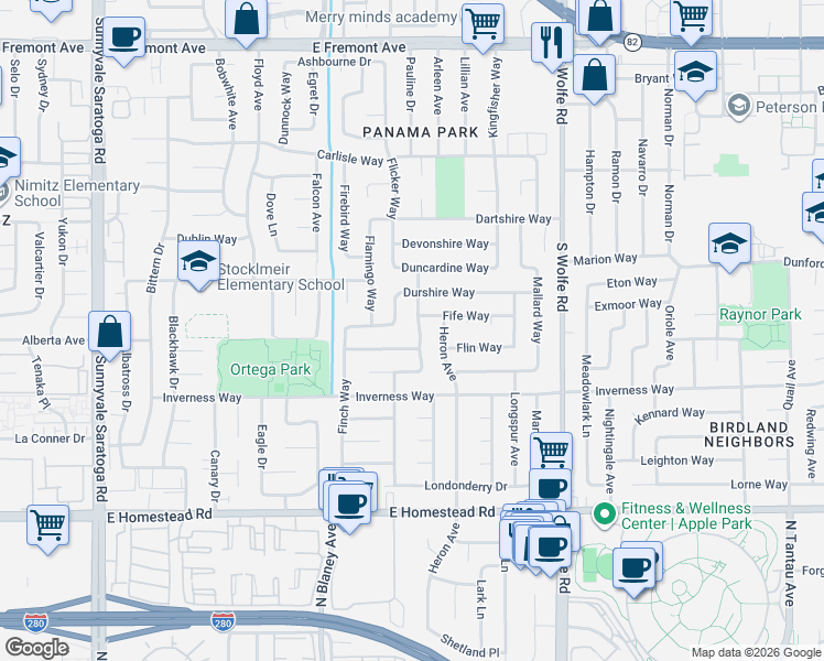 map of restaurants, bars, coffee shops, grocery stores, and more near 1547 Grackle Way in Sunnyvale