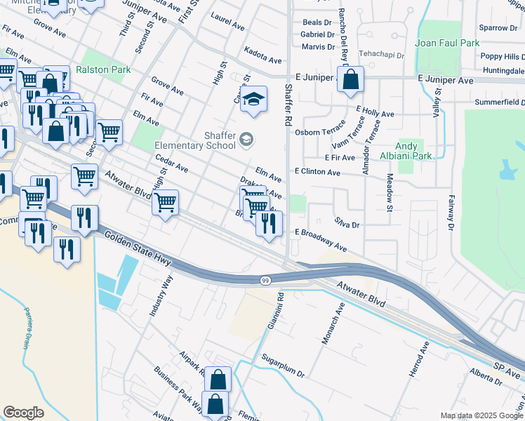 map of restaurants, bars, coffee shops, grocery stores, and more near 248 Cedar Avenue in Atwater