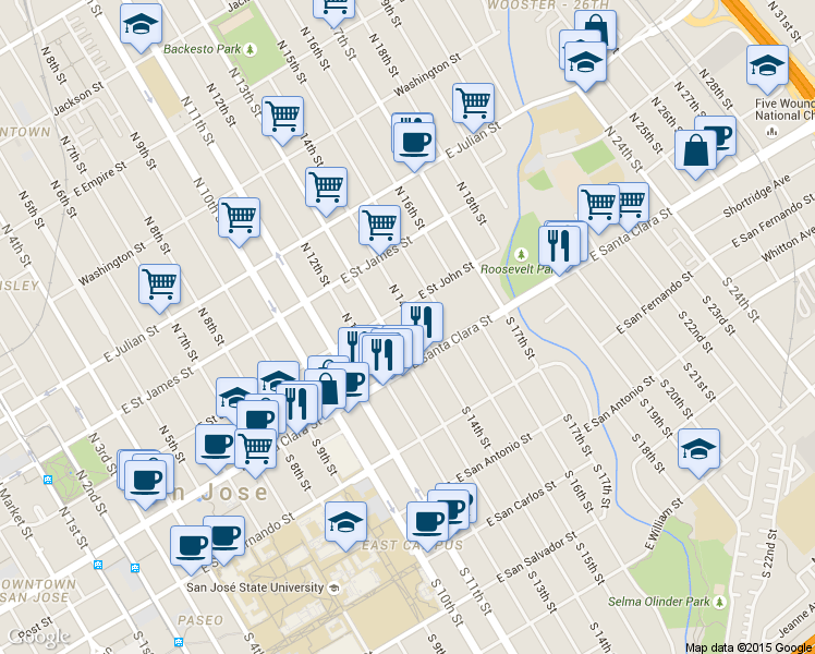 map of restaurants, bars, coffee shops, grocery stores, and more near 65 North 14th Street in San Jose