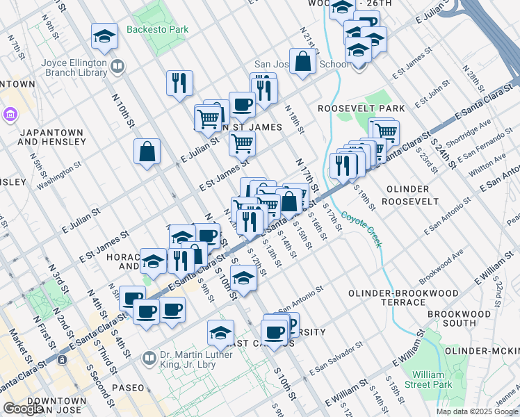 map of restaurants, bars, coffee shops, grocery stores, and more near 65 North 14th Street in San Jose