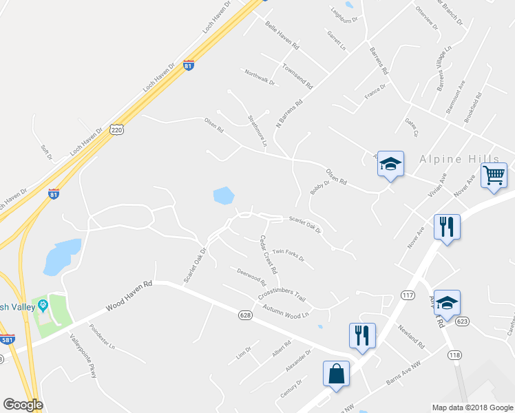 map of restaurants, bars, coffee shops, grocery stores, and more near 7211 Snowberry Circle in Roanoke