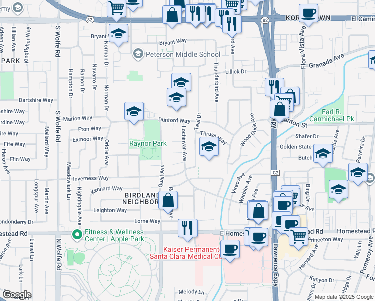 map of restaurants, bars, coffee shops, grocery stores, and more near 1564 Lochinvar Avenue in Sunnyvale