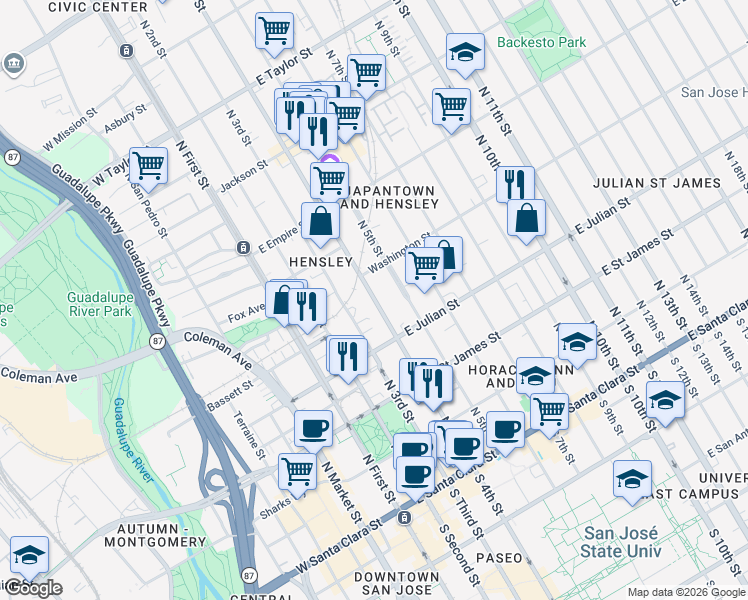 map of restaurants, bars, coffee shops, grocery stores, and more near 359 North 4th Street in San Jose
