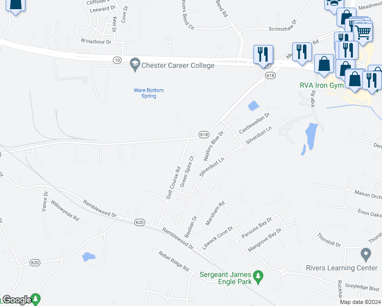 map of restaurants, bars, coffee shops, grocery stores, and more near 13512 Green Spire Court in Chester