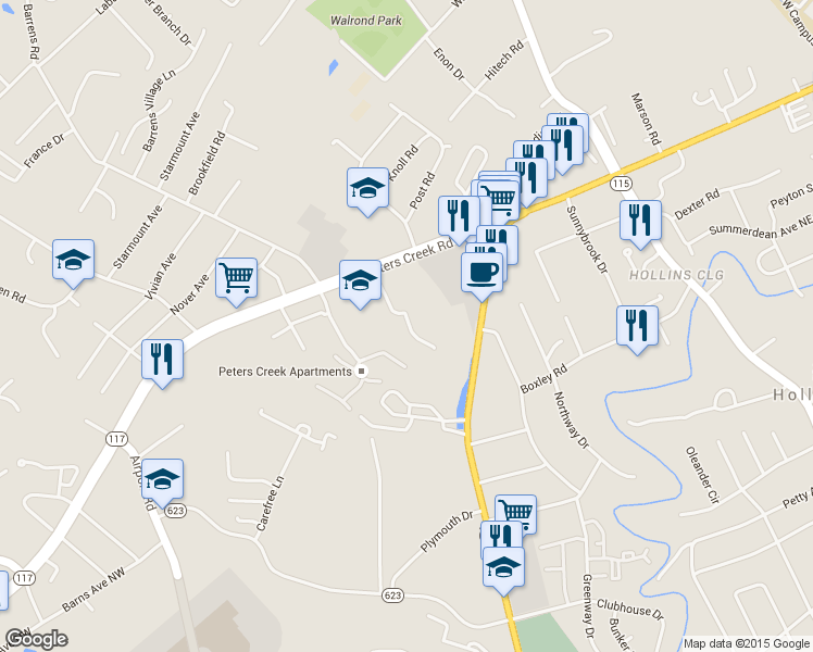 map of restaurants, bars, coffee shops, grocery stores, and more near 6637 Stonelyn Cottage Court in Roanoke
