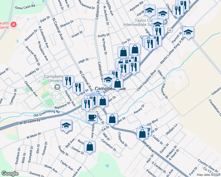 map of restaurants, bars, coffee shops, grocery stores, and more near in Campbellsville