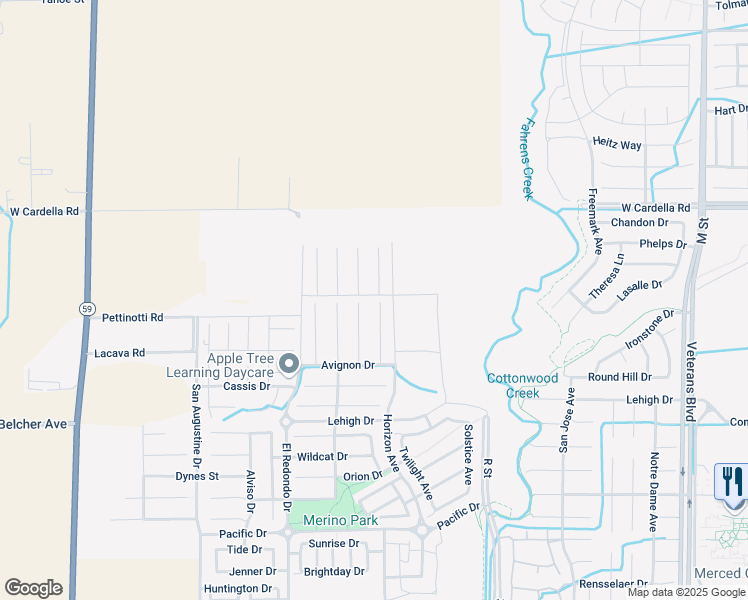 map of restaurants, bars, coffee shops, grocery stores, and more near 4094 Sisteron Court in Merced