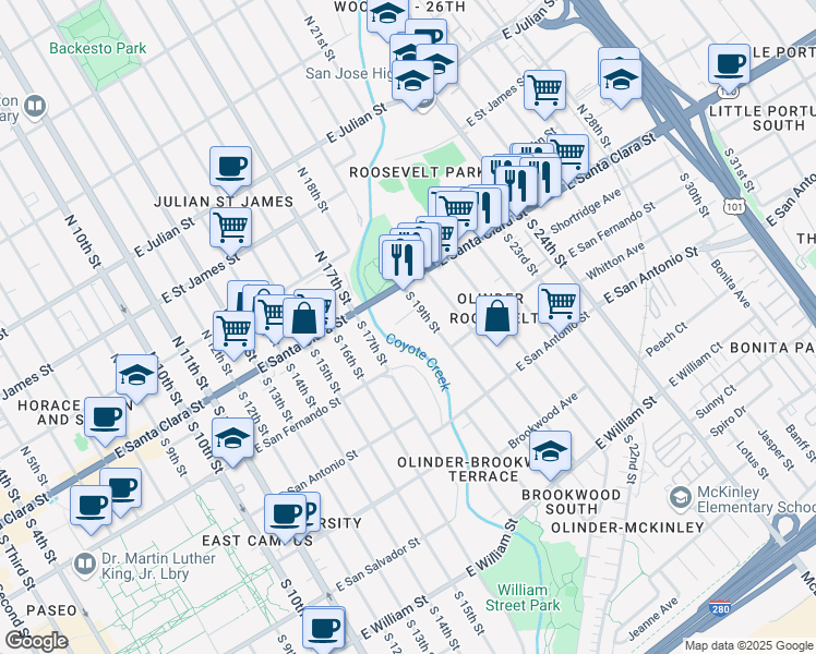 map of restaurants, bars, coffee shops, grocery stores, and more near 23 South 19th Street in San Jose