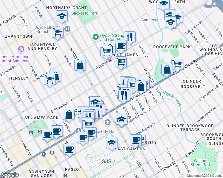 map of restaurants, bars, coffee shops, grocery stores, and more near 175 North 12th Street in San Jose