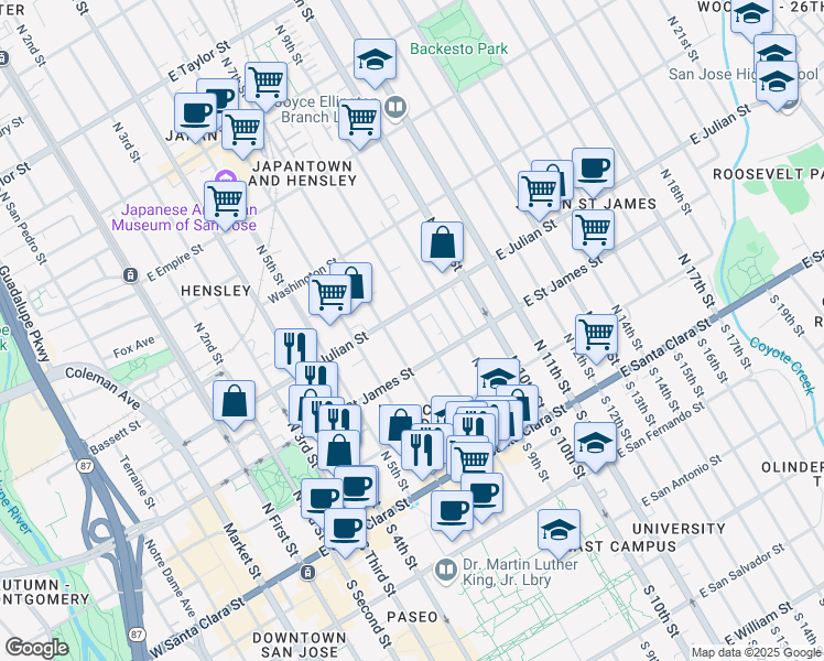 map of restaurants, bars, coffee shops, grocery stores, and more near 329 East Julian Street in San Jose