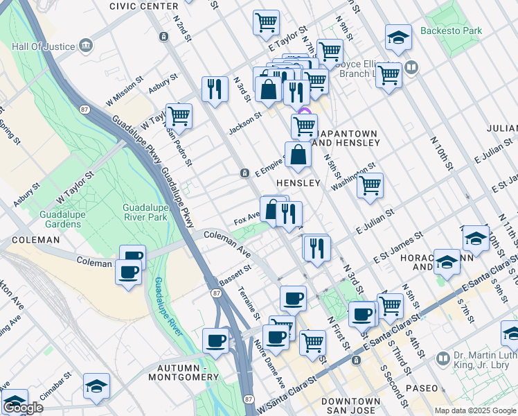 map of restaurants, bars, coffee shops, grocery stores, and more near 460 North First Street in San Jose