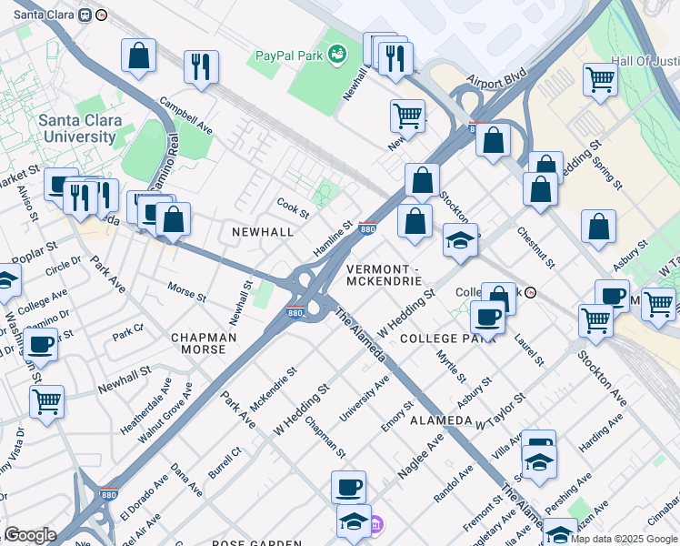 map of restaurants, bars, coffee shops, grocery stores, and more near 1021 Vermont Street in San Jose