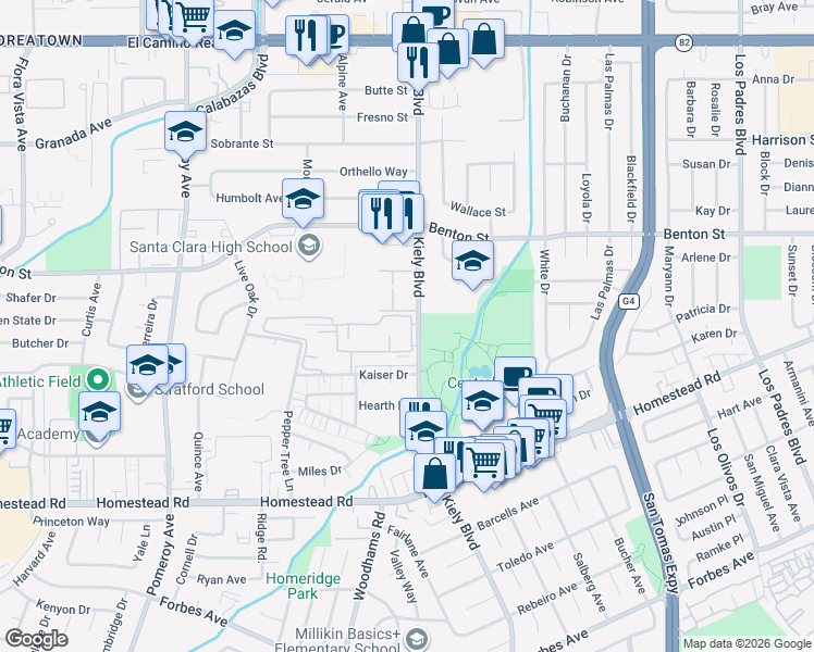 map of restaurants, bars, coffee shops, grocery stores, and more near 1000 Kiely Boulevard in Santa Clara