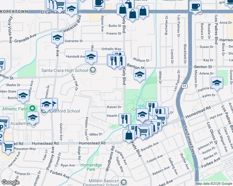 map of restaurants, bars, coffee shops, grocery stores, and more near 1000 Kiely Boulevard in Santa Clara