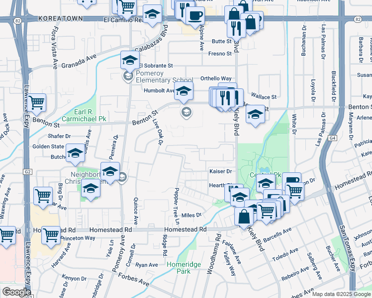map of restaurants, bars, coffee shops, grocery stores, and more near 3041 Kaiser Drive in Santa Clara