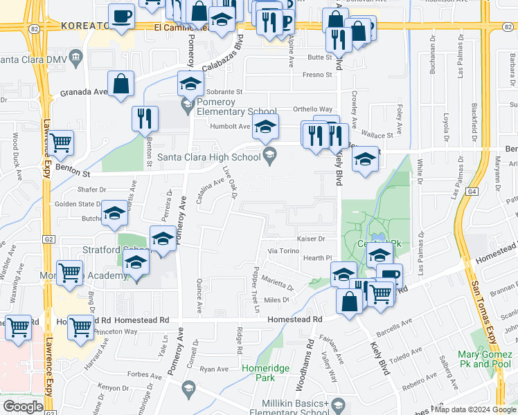 map of restaurants, bars, coffee shops, grocery stores, and more near 3033 Kaiser Drive in Santa Clara