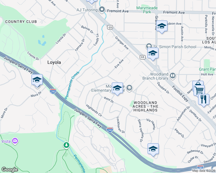 map of restaurants, bars, coffee shops, grocery stores, and more near 1075 Highlands Circle in Los Altos
