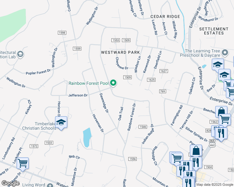 map of restaurants, bars, coffee shops, grocery stores, and more near 1057 Rainbow Forest Drive in Timberlake