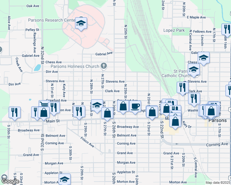 map of restaurants, bars, coffee shops, grocery stores, and more near 400-448 North 26th Street in Parsons