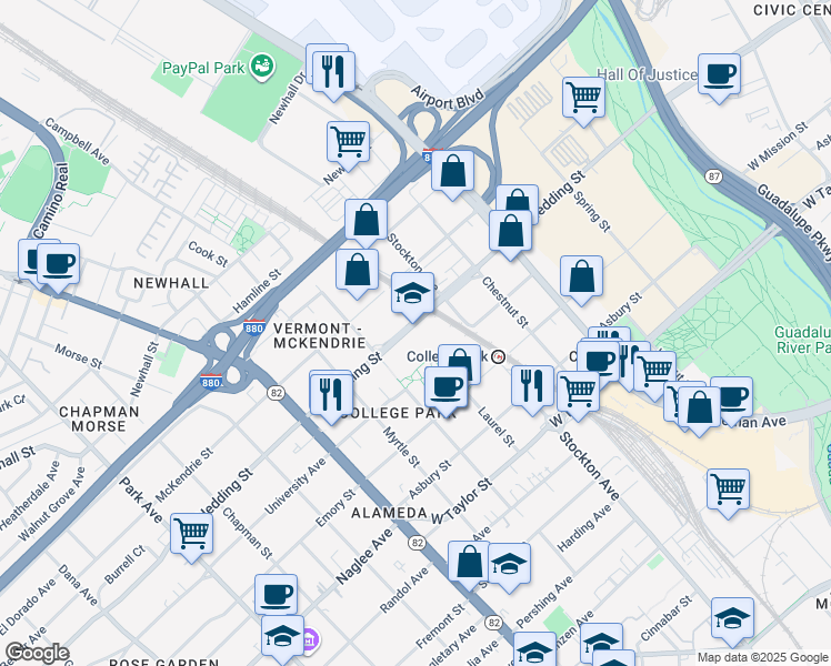 map of restaurants, bars, coffee shops, grocery stores, and more near 960 West Hedding Street in San Jose