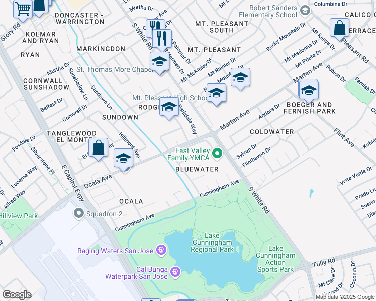 map of restaurants, bars, coffee shops, grocery stores, and more near 1848 Woodridge Way in San Jose