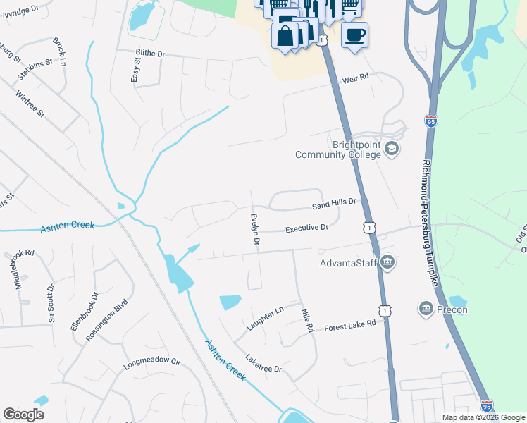map of restaurants, bars, coffee shops, grocery stores, and more near 2835 Pine Meadows Circle in Chester