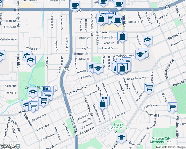 map of restaurants, bars, coffee shops, grocery stores, and more near 2325 Patricia Drive in Santa Clara