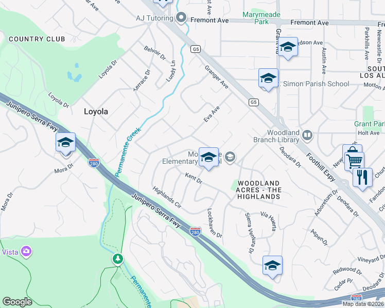 map of restaurants, bars, coffee shops, grocery stores, and more near 1075 Highlands Circle in Los Altos