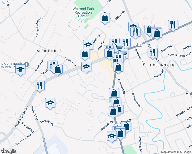 map of restaurants, bars, coffee shops, grocery stores, and more near 6637 Stonelyn Cottage Court in Roanoke