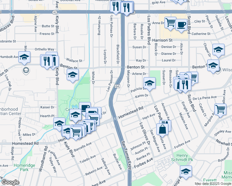 map of restaurants, bars, coffee shops, grocery stores, and more near 2468 Karen Drive in Santa Clara